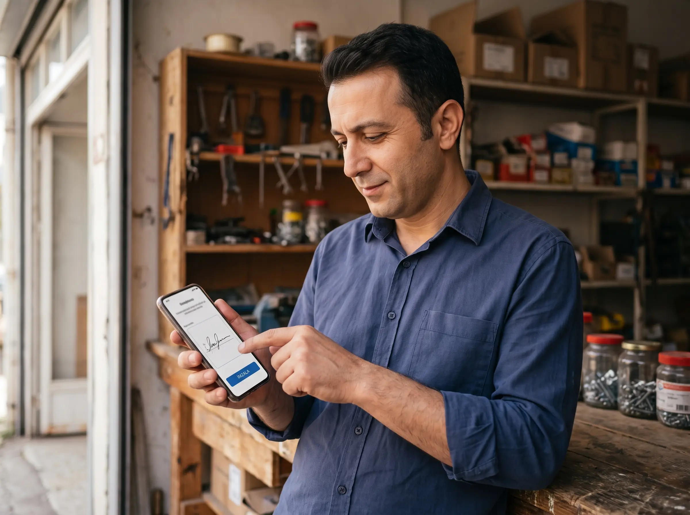 Atölyede telefonunu tutan esnaf, parmağıyla ekrana imza çiziyor